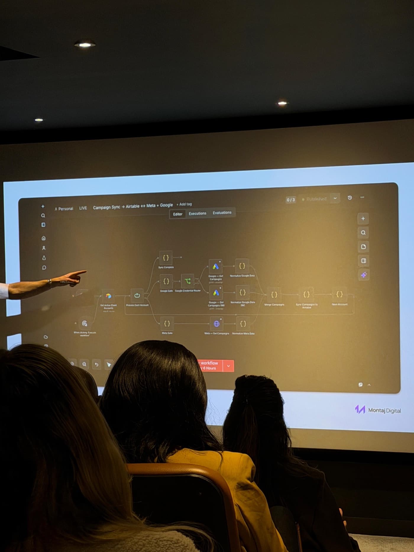 A live Montaj automation workflow on screen at AI Week, syncing campaign data across Airtable, Meta and Google