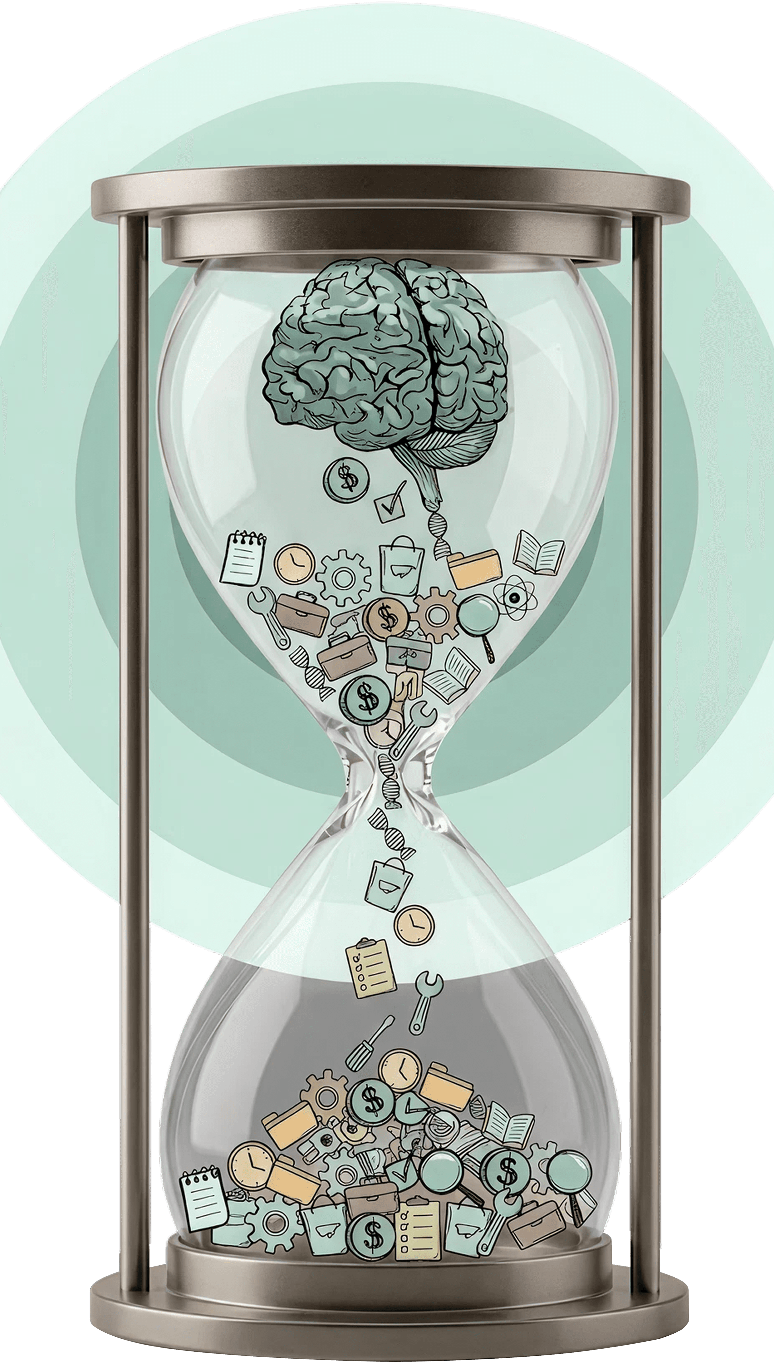 An hourglass filled with gears, a brain and coins, illustrating the time and cost of DIY automation