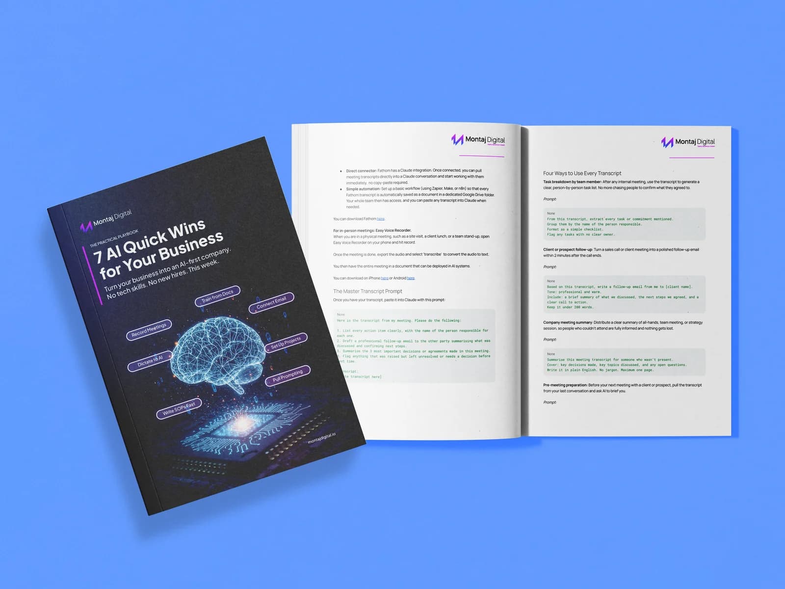 The 7 AI Quick Wins guide, with its cover and sample pages showing meeting transcript prompts